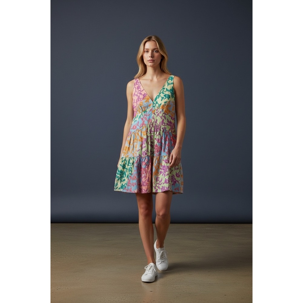 Derek‎ Lam 10 Crosby Multicolor Floral Tiered V Neck Mini Dress Size 6